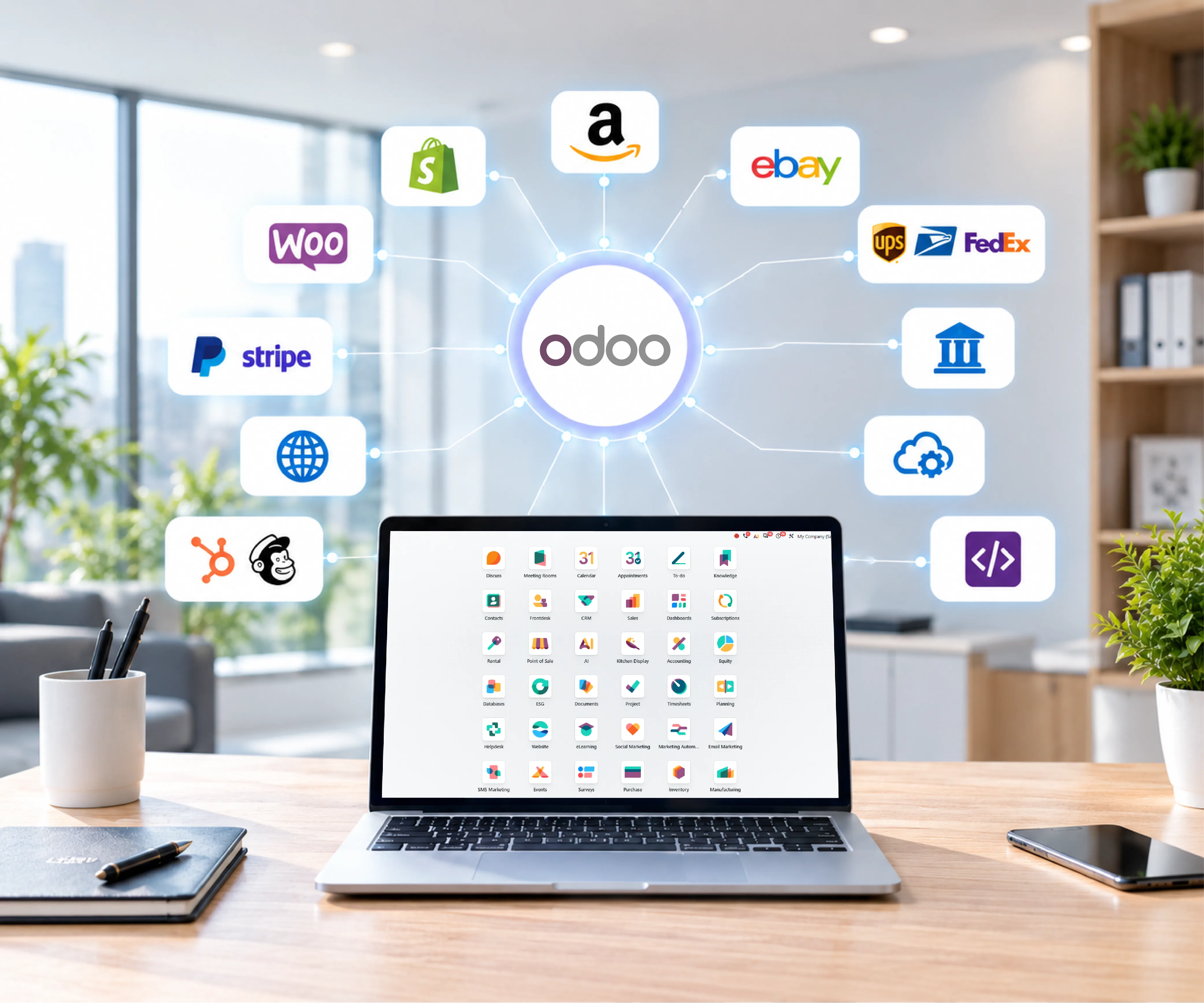 Odoo connected with external business systems such as eCommerce, payments, shipping, marketplaces, banking, and external apps